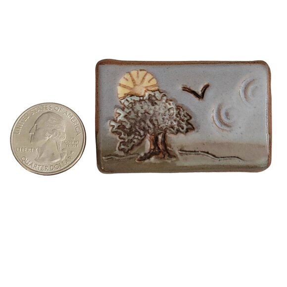 Artisan Clay Pottery Enamel Tree Scene Brooch Pin, Signed M704 - Picture 5 of 8